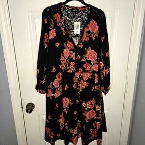 NEW!! Torrid Black Floral Challis Mini Dress Lace Ruffle Neckline Size 2 (18/20)